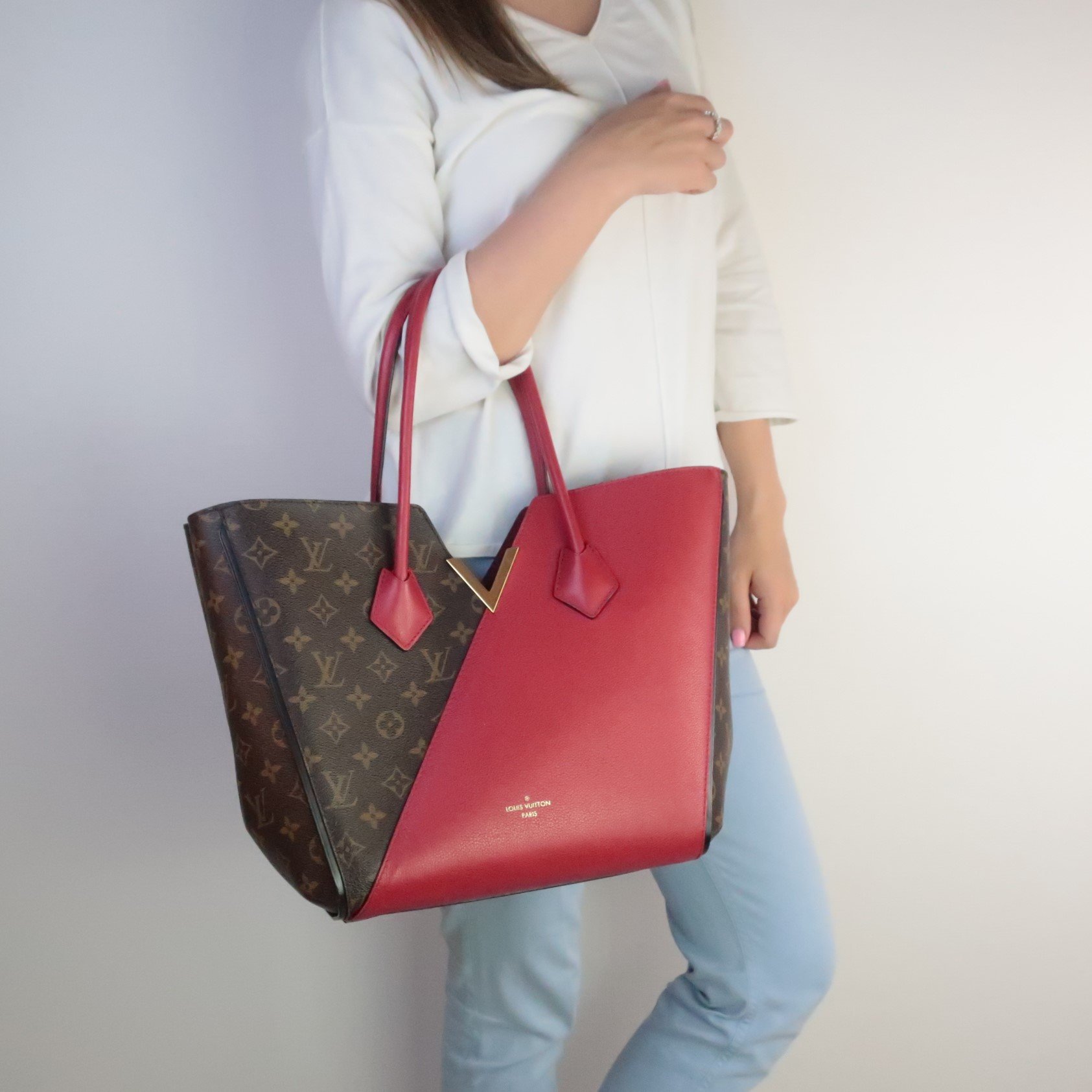 monogram canvas cerise leather kimono tote